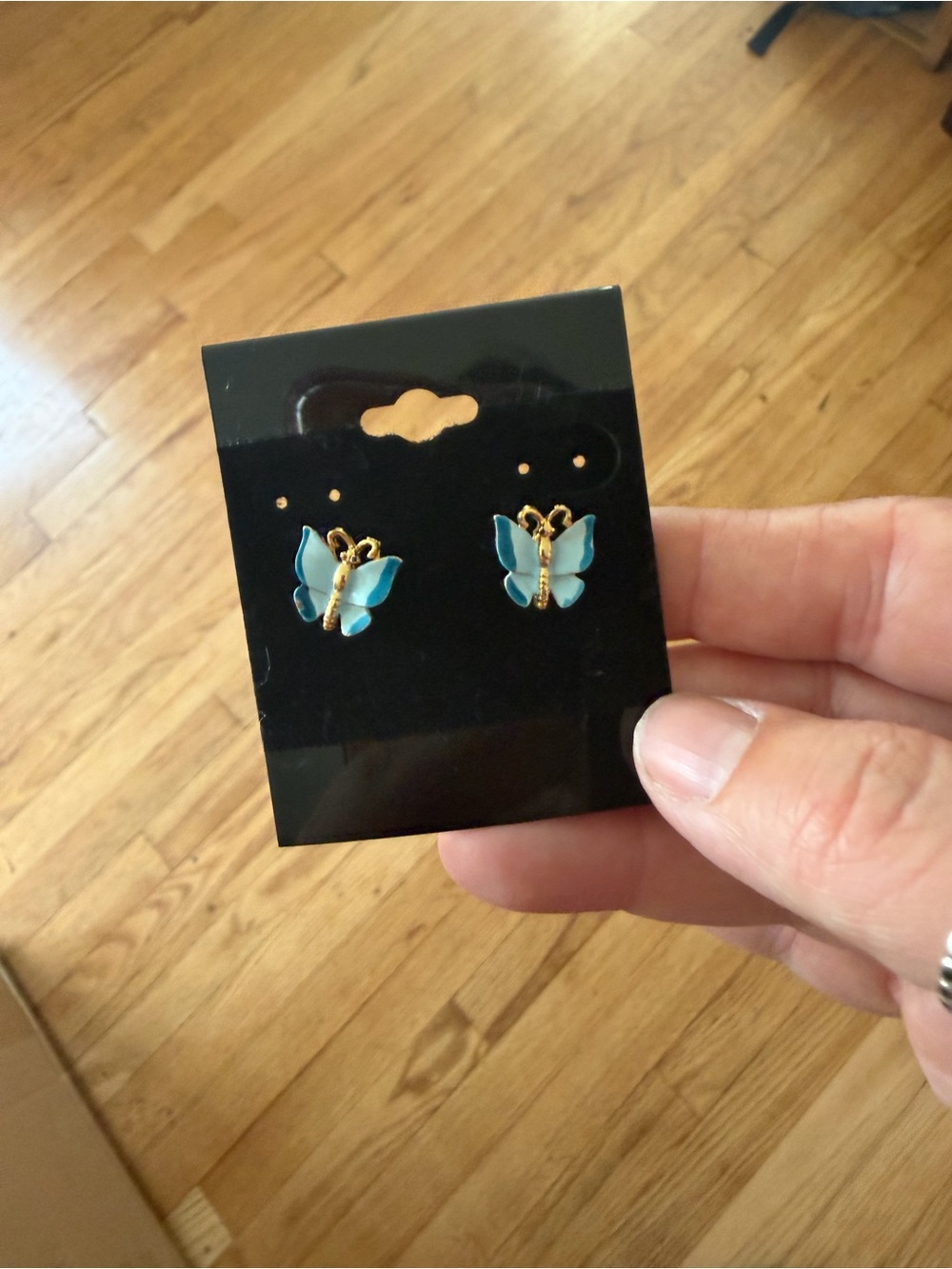 Gold Butterfly Stud Earrings with Blue Enamel Wings